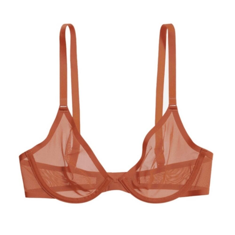 CUUP The Plunge Bra 38E Clay Sheer Mesh Underwire Minimalist Lingerie